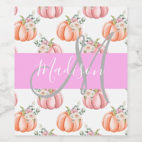 Chic Floral White Pink Peach Pumpkin Monogram Name Wine Label