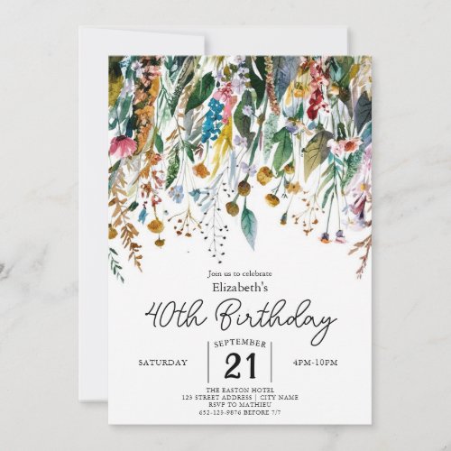 Chic Floral Wildflowers 40th birthday Invitation