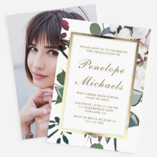 Chic Floral with Faux Gold Photo Graduation Party Invitation