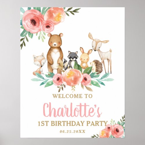 Chic Floral Woodland Animals 1st Birthday Welcome Poster