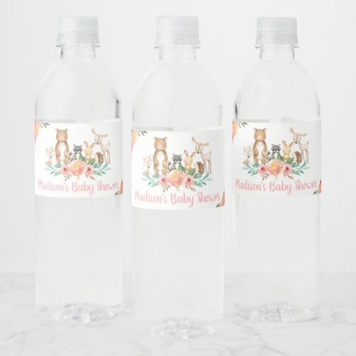 Chic Floral Woodland Animals Baby Shower Birthday Water Bottle Label