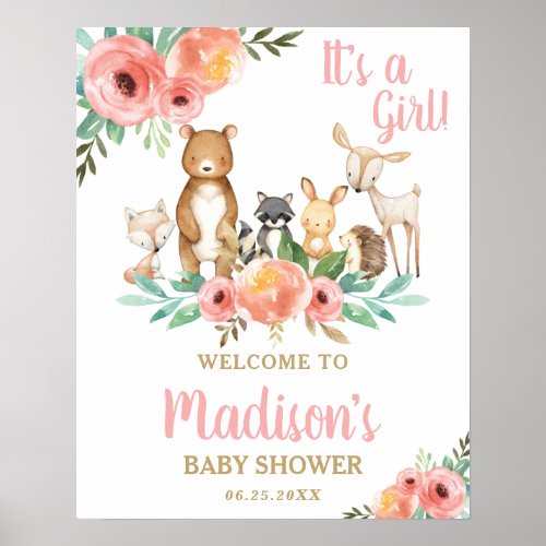 Chic Floral Woodland Animals Baby Shower Welcome Poster