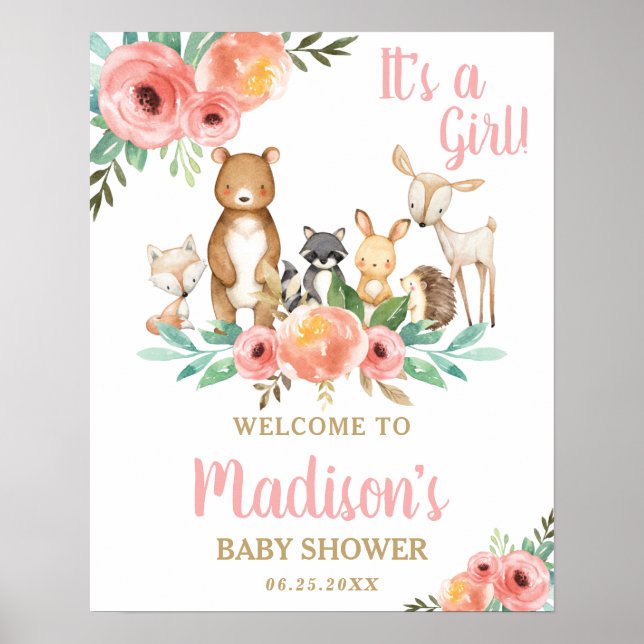 Chic Floral Woodland Animals Baby Shower Welcome Poster (Front)