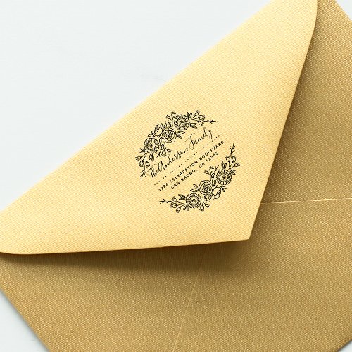Chic Floral Wreath  Custom Script Return Address Rubber Stamp