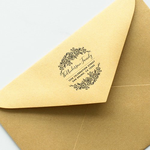 Chic Floral Wreath  Fuchsia Script Return Address Self_inking Stamp