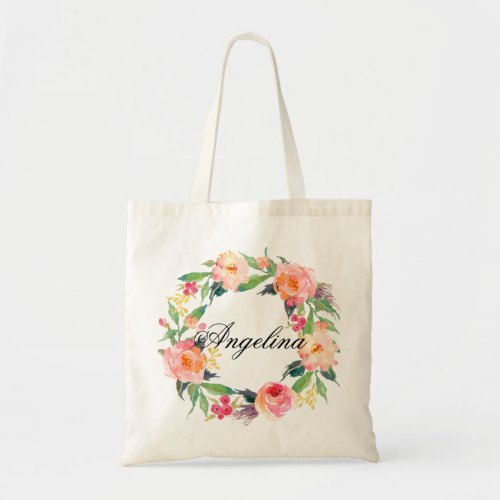 Chic Floral Wreath Personalized Wedding Tote Bag