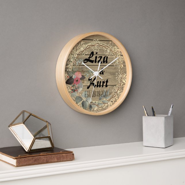 Chic Floral Wreath Rustic Wedding     Clock (Office)
