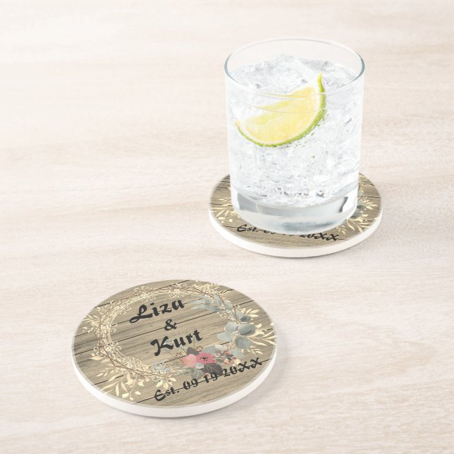 Chic Floral Wreath Rustic Wedding   Coaster (Side)