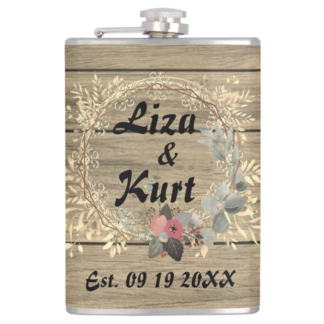 Chic Floral Wreath Rustic Wedding    Flask (Front)