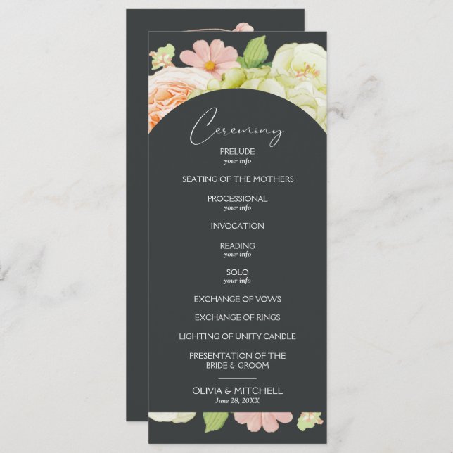 Chic Florals Dark Wedding Ceremony Program (Front/Back)