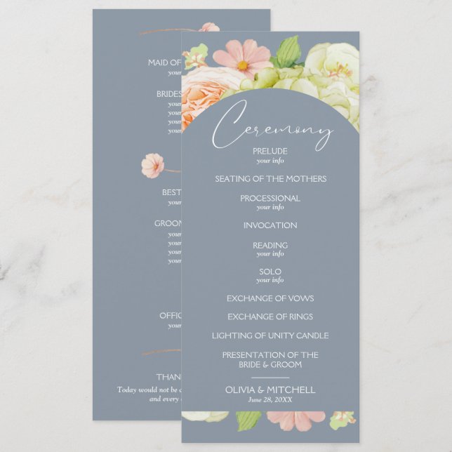 Chic Florals Dusty Blue Wedding Ceremony Program (Front/Back)