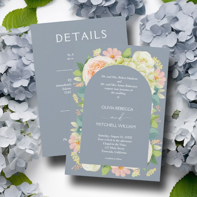 Chic Florals Wedding All in One Dusty Blue Invitation (Creator Uploaded)