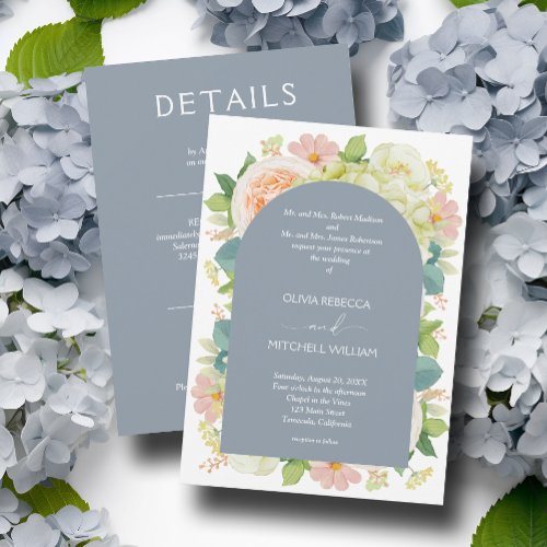 Chic Florals Wedding All in One Dusty Blue Invitation