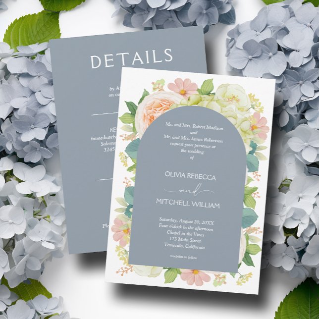 Chic Florals Wedding All in One Dusty Blue Invitation (Creator Uploaded)