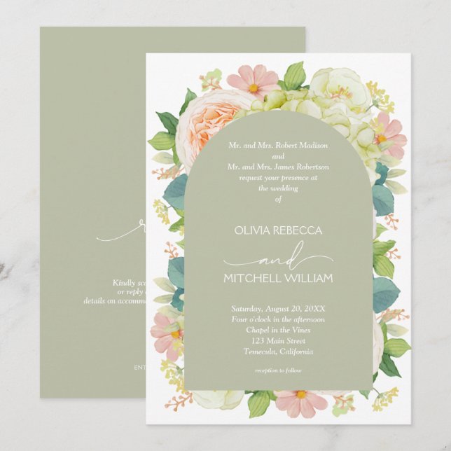 Chic Florals Wedding All in One Sage Green Invitation (Front/Back)