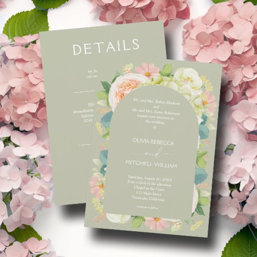 Chic Florals Wedding All in One Sage Green Invitation