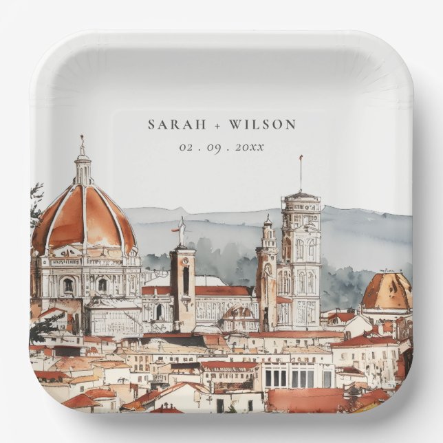 Chic Florence Cathedral Italy Watercolor Wedding Paper Plates (Front)