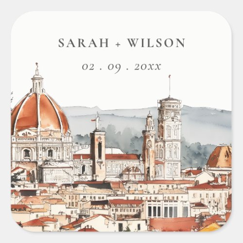 Chic Florence Cathedral Italy Watercolor Wedding Square Sticker