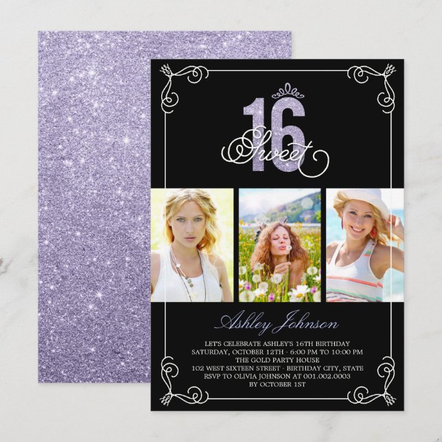 Chic Flourish Glam Sweet 16 Photo Birthday Party Invitation (Front/Back)