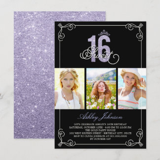 Chic Flourish Glam Sweet 16 Photo Birthday Party Invitation