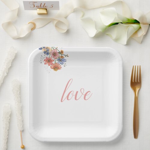 Chic Flower Bouquet Pink Love White Paper Plates