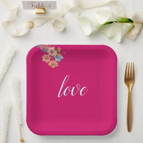 Chic Flower Bouquet White Love Pink Paper Plates
