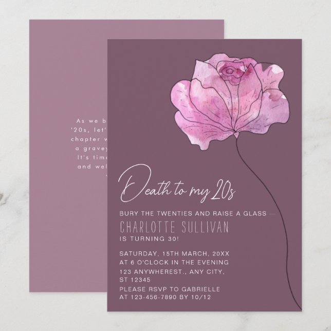 Chic Flower "Death to My 20s" 30th Birthday Invitation (Front/Back)