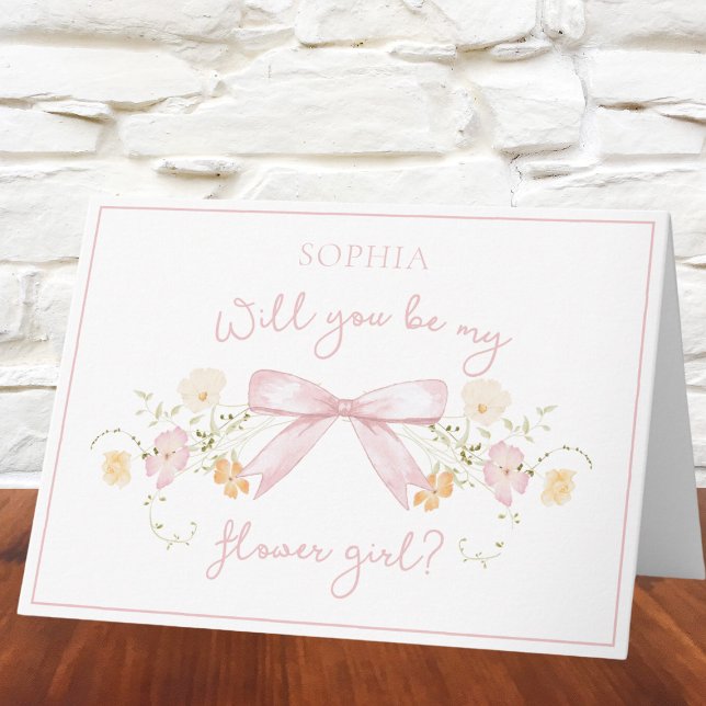 Chic Flower Girl Proposal with Bow and Name Pink Card (Creator Uploaded)