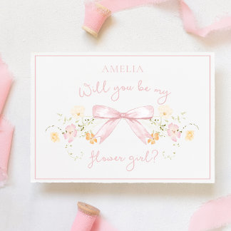 Chic Flower Girl Proposal with Bow and Name Pink Card