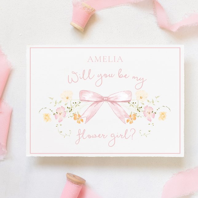 Chic Flower Girl Proposal with Bow and Name Pink Card (Creator Uploaded)