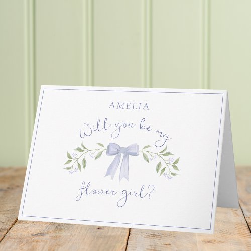 Chic Flower Girl Proposal with Bow Cute Dusty Blue Card