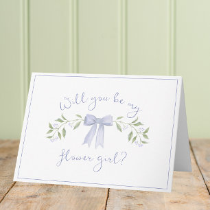 Chic Flower Girl Proposal with Bow Cute Dusty Blue Card