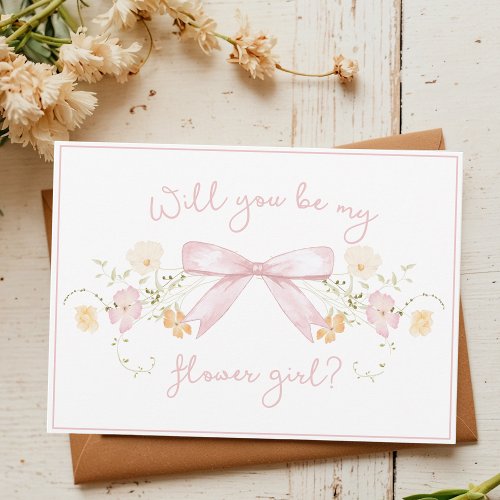 Chic Flower Girl Proposal with Bow Cute Girly Pink Card