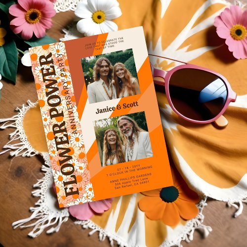 Chic Flower Power Pop 2 Photos Then  Now Wedding  Invitation