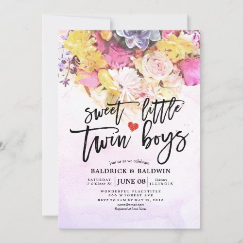 Chic Flowers Baby Shower Sweet Little Twin Boys Invitation