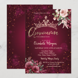 Chic Flowers Crown Red Quinceañera   Invitation