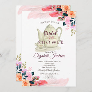 Chic Flowers Feather Teapot Bridal Shower Invitation