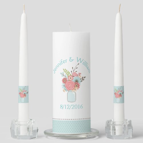 Chic Flowers in Mason Jar Wedding Unity Candle Set