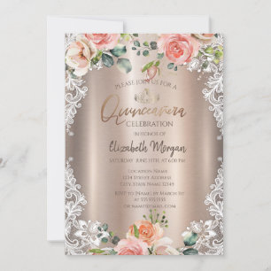 Chic Flowers,Lace,Tiara Quinceañera  Invitation
