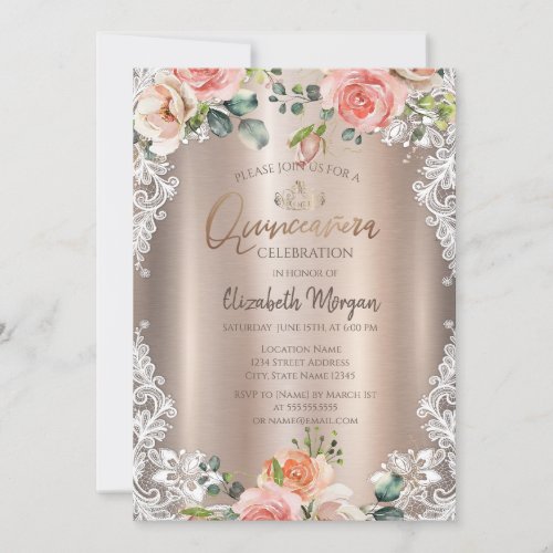 Chic FlowersLaceTiara Quinceaera  Invitation