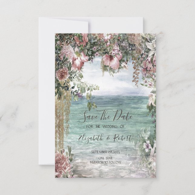 Chic Flowers Ocean Save The Date (Front)