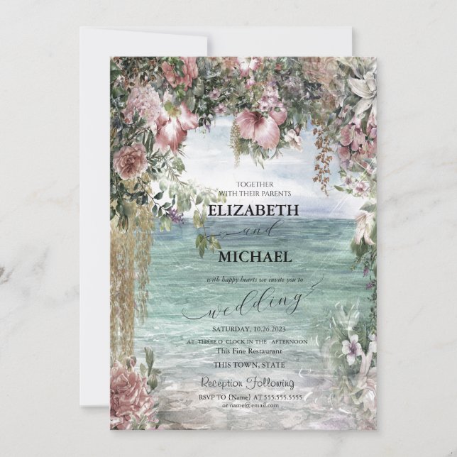 Chic Flowers Ocean Script Wedding Invitation (Front)