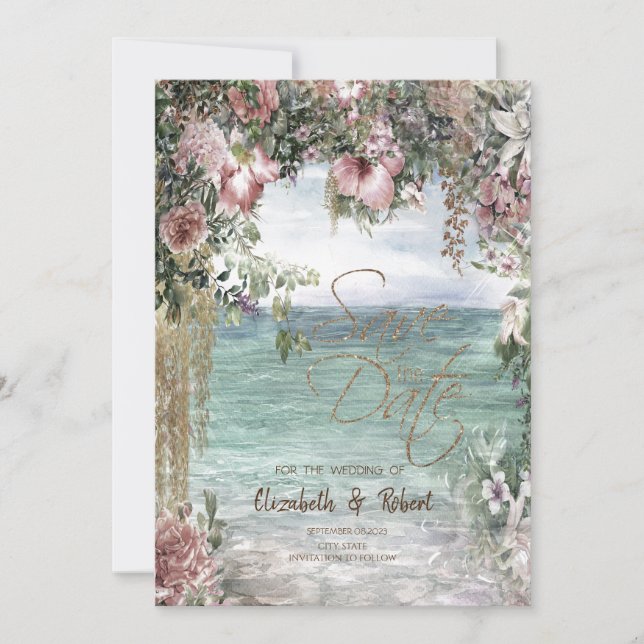Chic Flowers Ocean The Date Card (Front)