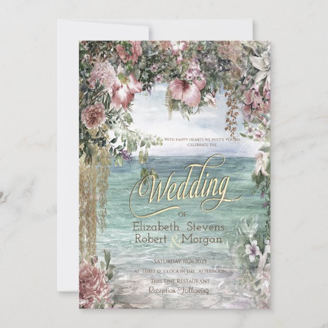 Chic Flowers Ocean Wedding Invitation (Front)