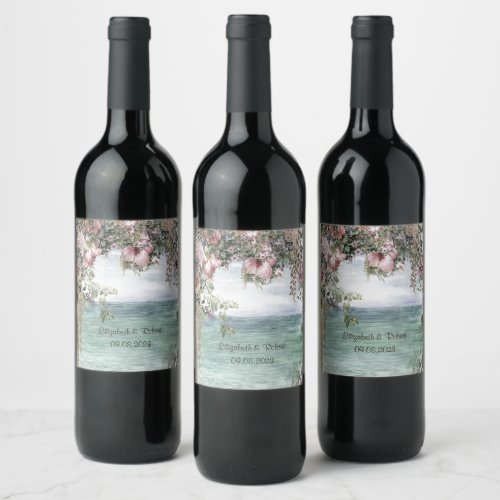 Chic Flowers Ocean Wedding Wine Label