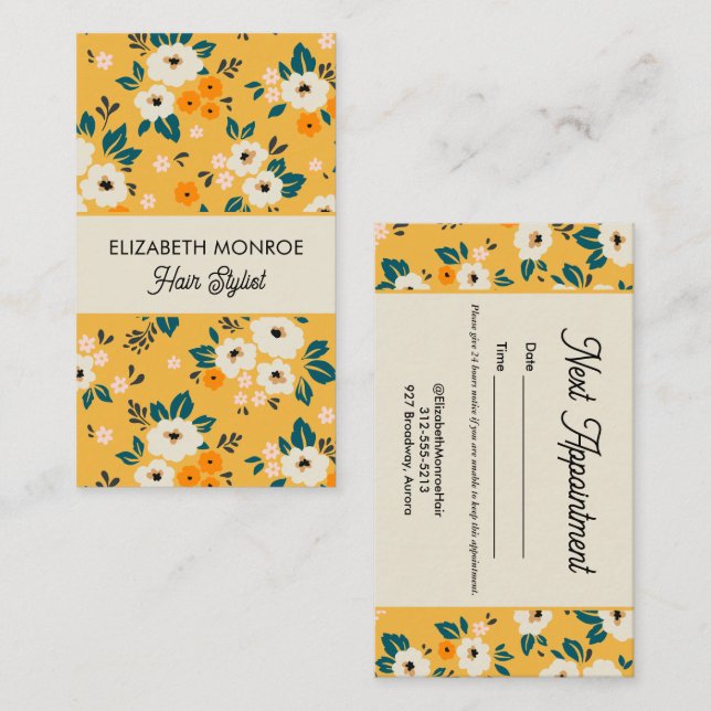 Chic Flowers on Gold Salon Hair Stylist Makeup Appointment Card (Front/Back)