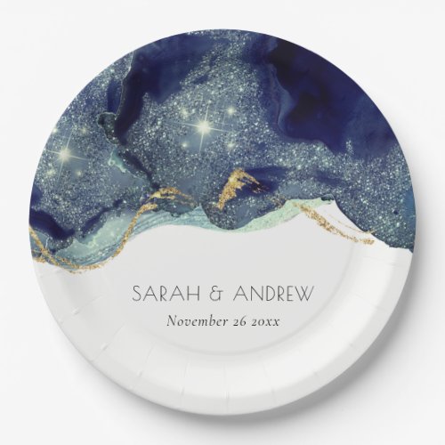Chic Fluid Abstract Ink Gold Navy Glitter Wedding Paper Plates