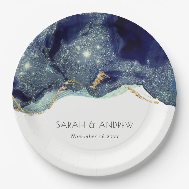 Chic Fluid Abstract Ink Gold Navy Glitter Wedding Paper Plates (Front)