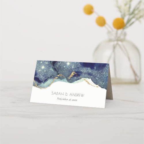 Chic Fluid Abstract Ink Gold Navy Glitter Wedding  Place Card