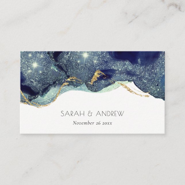 Chic Fluid Abstract Ink Gold Navy Glitter Wedding Place Card (Front)